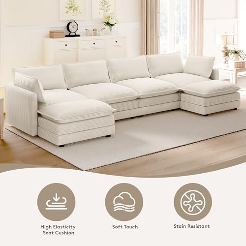 ROWHY 148'' Modular Sectional Cloud Couch with 2 Movable Ottomans, Oversized 6 Seat Modern Corduroy Sofas, Deep Seat U Shaped Couch for Living Room Bedroom Apartment, Beige