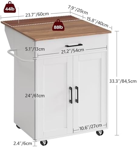 MAHANCRIS Kitchen Island on Wheels with Drop Leaf, Folding Countertop Kitchen Island Cart, Kitchen Island Table with Towel Rack, Drawer, for Kitchen, Dining Room, White and Walnut KIBZ12501