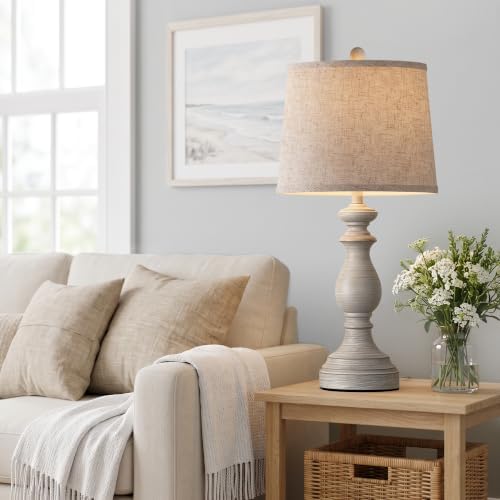 PARTPHONER Traditional Table Lamp Set of 2, Rustic Farmhouse Table Lamps for Living Room Bedroom, 27" Bedside Desk Lamps Vintage Nightstand Lamps with Linen Shades, Antique Grey