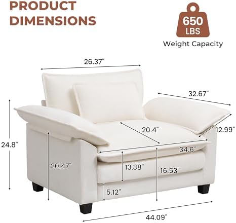 Modern Oversized Accent Chair,44" Chenille Upholstered Armchair with Deep Seat,Comfy Accent Chair Reading Chairs Cloud Sofa Chair for Living Room Bedroom Apartment White