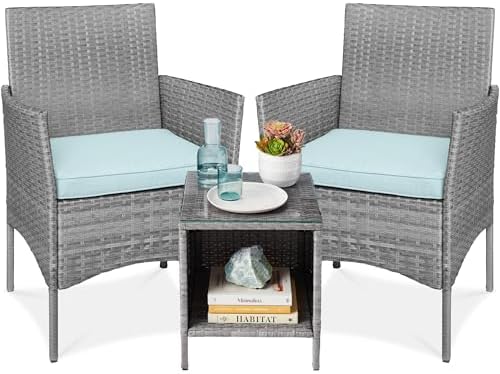 Best Choice Products 3-Piece Outdoor Wicker Conversation Bistro Set, Space Saving Patio Furniture for Garden w/Side Table - Gray/Pastel Blue