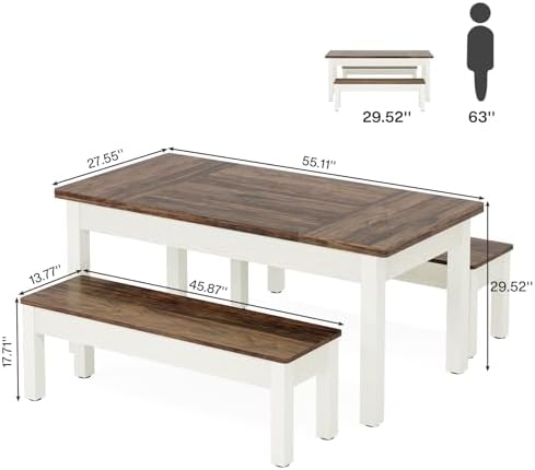 Tribesigns Farmhouse Kitchen Table Set for 4-6, 55-Inch Wooden Dining Table with 2 Benches, Space Saving 3 Pieces Heavy Duty Dinette for Dining Room, Kitchen, Small Space