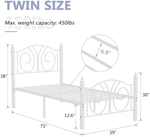 VECELO Twin Size Metal Platform Bed Frame with headboard and Footboard, Heavy Duty Mattress Foundation, Steel Slat Support, No Box Spring Needed, Easy Assembly, Pure White