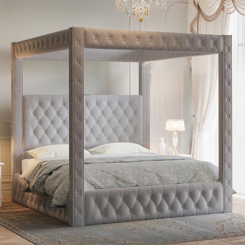 Jocisland Queen Canopy Bed Frame Velvet Upholstered Headboard, Grey