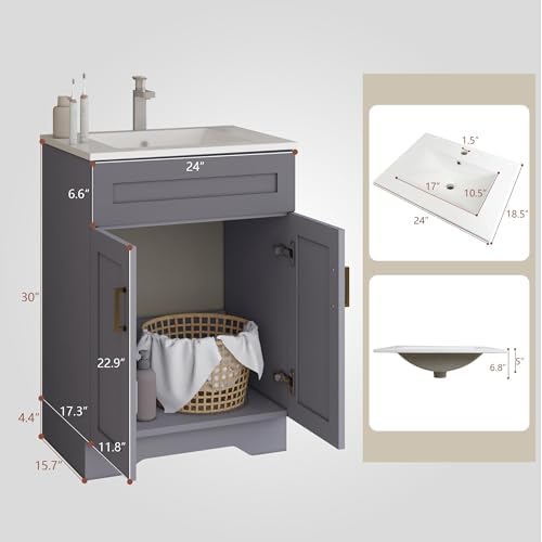 24 Inch Bathroom Vanity with Sink, Bathroom Storage Vanity Cabinet for Small Space, Bathroom Vanity with 2 Doors, Modern Freestanding Vanity Sink (Grey)
