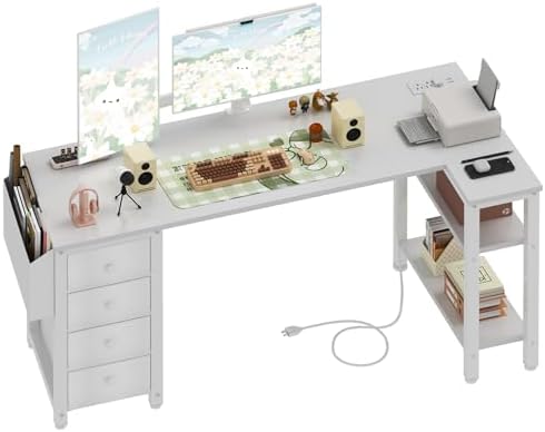 Lufeiya White L Shaped Desk with Drawers & Storage Shelves, 55 Inch Corner Computer Desk with Power Outlet for Home Office Bedroom, L-Shaped Teen PC Desks with Fabric Drawer, White