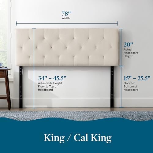 Lucid Mid-Rise Upholstered Headboard - Diamond Tufted - Padded Polyester - Adjustable Height from 34” to 46” - Easy Assembly - Bed Frame or Wall Mount - Sturdy - Pearl - King / Cal King Size