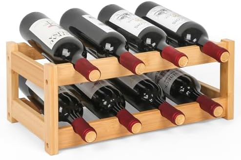 VASMIA Wine Rack, 2-Tier Bamboo Wine Racks Countertop Cabinet Wine Holder Wine Storage Shelf for Pantry Kitchen Bar, Natural