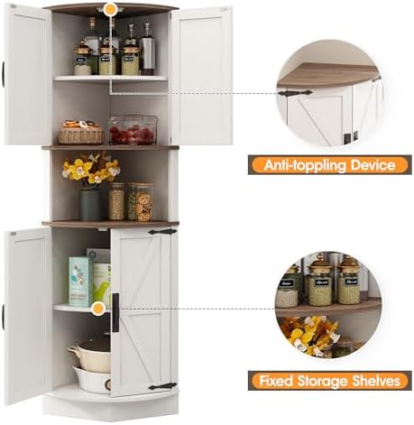 Vabches 64.8" Tall Farmhouse Corner Cabinet with 4 Doors and 5 Storage Shelves, Farmhouse Storage Cabinet with Barn Door Design, Home Space Saver for Living Room, Kitchen, Laundry Room,White