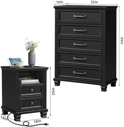 SAVOR LIFE Farmhouse Dresser and Nightstand Sets 3 Piece, Black