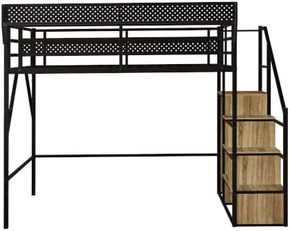 Queen Size Metal Loft Bed with Reversible Stairs and LED & USB Port