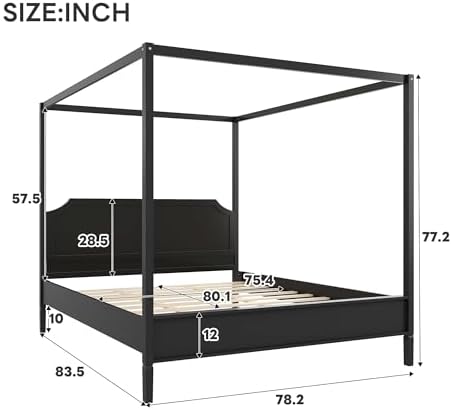 LUMISOL King Size Wood Canopy Platform Bed with Headboard, Vintage Four-Poster Platform Beds with Slat Support and Under-Bed Storage Space, 4 Corner Canopy Bed Post Frame, Black
