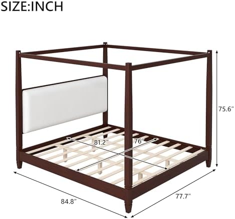King Size Wood Canopy Bed Frame, Espresso Vintage Four-Posters Platform Bed