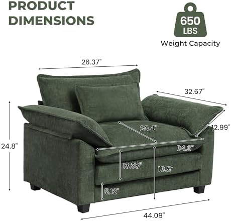 Modern Oversized Accent Chairs Set of 2,Chenille Cloud Sofa Chair with Deep Seat,Upholstered Armchair with Extra Thick,Comfy accent chairs Reading Chairs for Living Room Bedroom Apartment GREEN