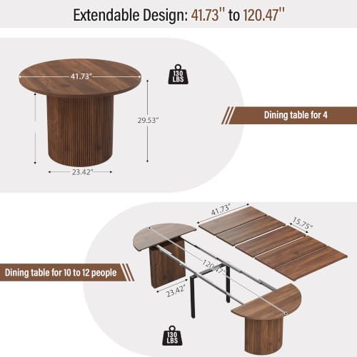 weselon 42"-120" Extendable Dining Table for 4-14, Expandable Oval Dining Room Table with Fluted Pedestal Base & Reinforced Metal Support Leg, Extra Large Modern Kitchen Table (Walnut)