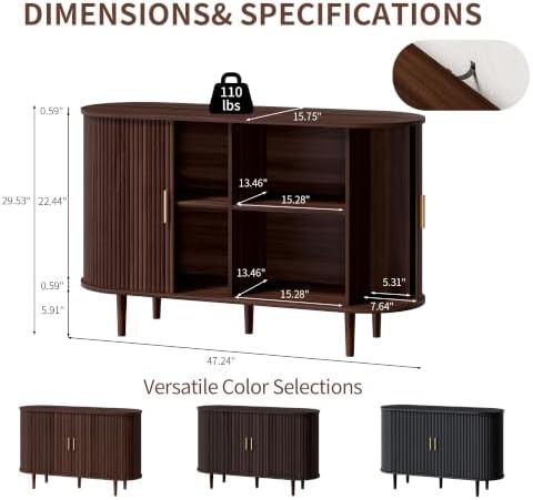 47.2" Sideboard Buffet Cabinet with Sliding Door,Fluted Cabinet with Storage & 2 Adjustable Shelfs,Mid Century Modern Coffee Bar Console Table for Kitchen, Living Room, Entryway，Walnut