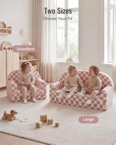 Blissful Diary Foldable Kids Couch, Extra Wide Kids Sofa Chair, Blush Check