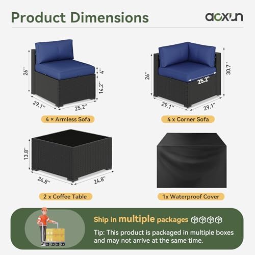 Aoxun 10 Piece Patio Furniture Set Wicker Rattan Patio Sectional Sofa Set Outdoor Seating Furniture with Thickened Cushion, Navy Blue