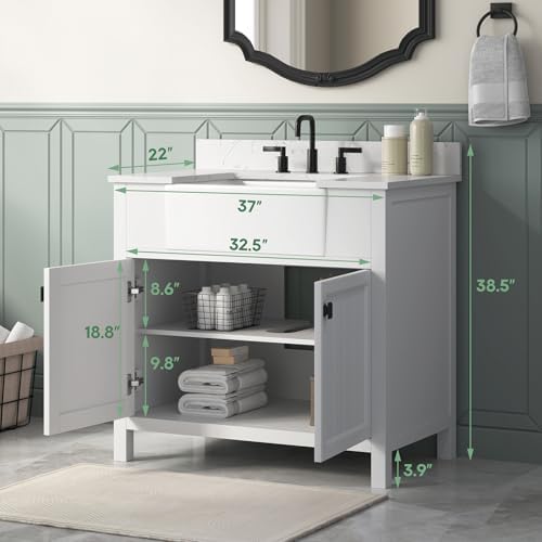 36 Inch White Bathroom Vanity with Sink, Solid Wood | Farmhouse Pre Assembled Vanity Bathroom with Soft Closing Doors, Vanity for Bathroom, Apron Farm Sink