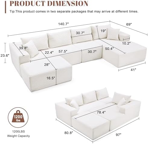 Mangodan 140” Cloud Sectional Couch, Boneless Sofa for Living Room, Modular Sectional Sofa with Deep Seat, Comfy Fluffy U-Shaped Couch with Right-Facing Chaise, No Assembly Required, Beige