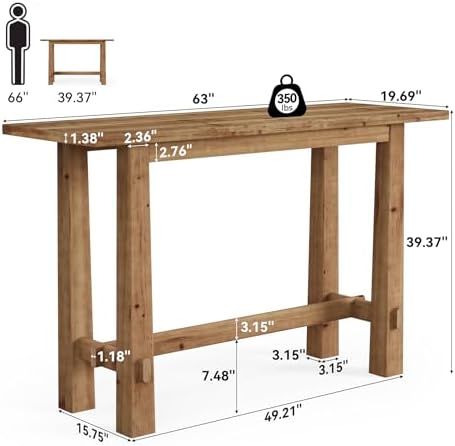 Solid Wood Bar Table, 63-Inch Farmhouse Bar Height Pub Table for Kitchen Dining Room, Rustic Wooden Bistro Table with Sturdy Legs for Home Bar, Apartment, Cafe, Natural Brown