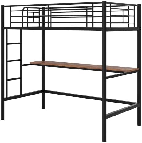 VECELO Loft Bed Twin Size with Desk, Metal Bedframe with Removable Ladder and Safety Guardrail, No Box Spring Needed, Space Saving, Noise Free, Matte Black