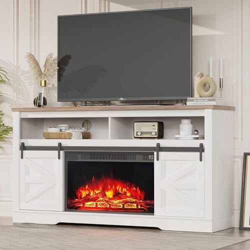 YESHOMY Farmhouse Fireplace TV Stand for TVs up to 65+ Inch, Rustic White