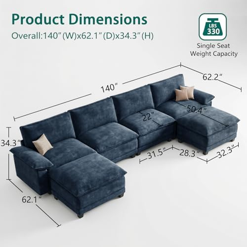 140" Modular Sectional Couch, U Shaped Cloud Sofa for Living Room