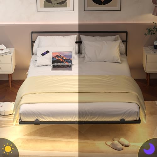 Queen Floating Bed Frame with Headboard, Modern Platform Bed Frame with LED Lights and USB Charging Station, Sturdy Metal Bed Frame for Adults, No Box Spring Needed, Easy Assembly, Noise Free Design