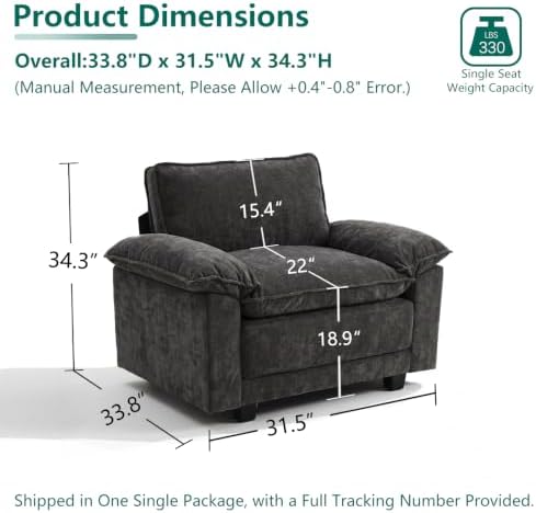 Modern Cloud Single Sofa, Comfy Chenille Couch for Living Room, Black