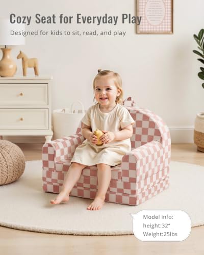 Blissful Diary Foldable Kids Couch, 2-in-1 Kids Sofa Chair, Blush Check