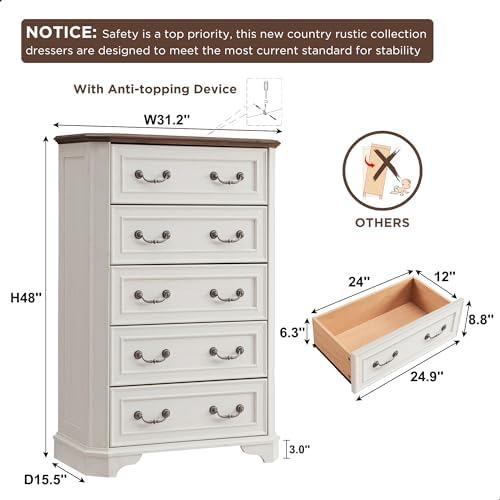 T4TREAM Farmhouse 5 Drawers Dresser for Bedroom, 48" Tall Wood Rustic Chest of Drawers with Natural Texture, Vintage Design, Storage Dressers Organizer for Bedroom, Living Room, Hallway, Antique White