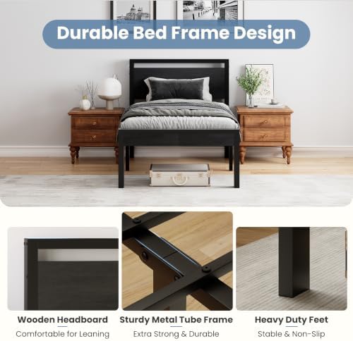 Sweetcrispy 14 Inch Twin Bed Frame with Wood Headboard, Black
