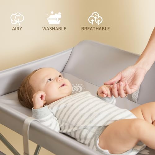 KARAOK Baby Changing Table with Wheels, Portable Diaper Changing Station with 4-Level Height Adjustment & Storage Rack for Newborn, Infant(Light Grey)