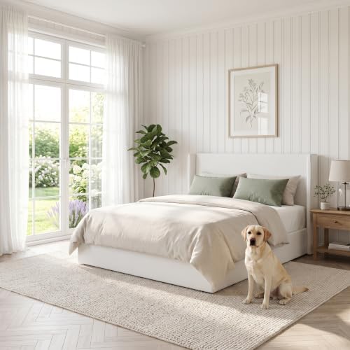 Full Lift Up Storage Bed, Corduroy Platform Bed with Headboard, Cream