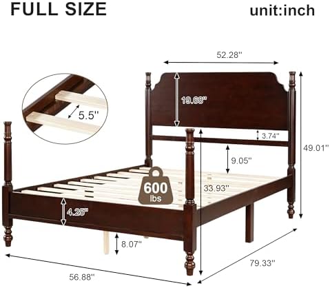 Vintage Wood Full Bed Frame, Traditional Spindle Platform with Tall Headboard, Dark Walnut Antique Style 4-Poster Design, Under Bed Storage, No Box Spring Needed