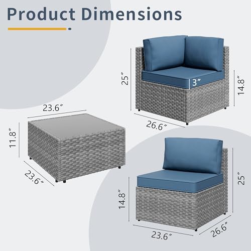 SUNLEI 5 Piece Patio Furniture Sets, Low Back All-Weather Rattan Sectional Sofa with Tea Table&Washable Couch Cushions, Patio Furniture Sets, Silver Rattan (Aegean Blue)