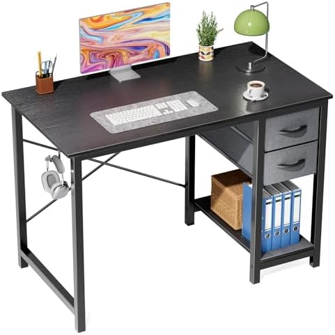Sweetcrispy 40-Inch Computer Desk with Drawers, Office Desk, Black