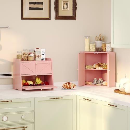 Trironsun Corner Bread Box for Kitchen Counter Double Layer Bamboo Bread Storage Container Large Capacity Bread Storage Bin Farmhouse Breadbox Organizer (Pink)