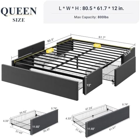 Allewie Queen Size Platform Storage Bed Frame with 3 Drawers, Dark Grey