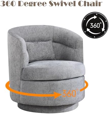CANMOV Swivel Accent Chair, 360 Degree Round Swivel Barrel Chair with Pillow, Upholstered Comfy Barrel Armchair Single Club Sofa Chair for Living Room,Bedroom, Reading Room, Dark Grey