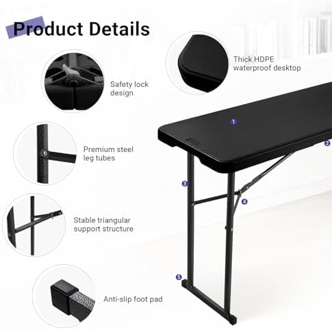 Byliable Folding Table 6FT Narrow Portable Plastic Heavy Duty Table, Black
