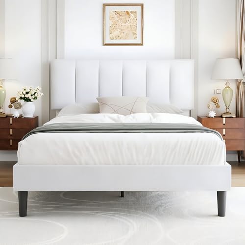 VECELO Queen Size Bed Frame with Upholstered Headboard, Pure White