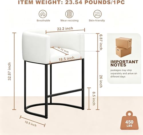 26" H Counter Height Bar Stools Set of 1, Modern Barrel Counter Stools with Backrest and Arms, Linen Fabric Upholstered Accent Barstools for Kitchen Island,Support 450 LBS (White)