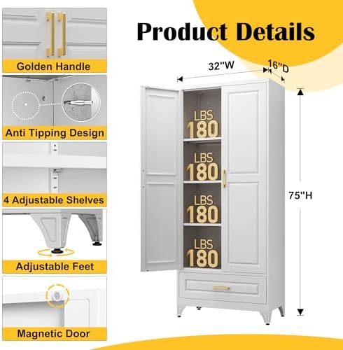 SteeLoong 75" Metal Storage Cabinet with Doors and 3 Adjustable Shelves | Kitchen Pantry Cabinet with Drawer,White Kitchen Cabinet with 2 Gold Handles,Food Cupboard for Livingroom,Pantry, Bathroom