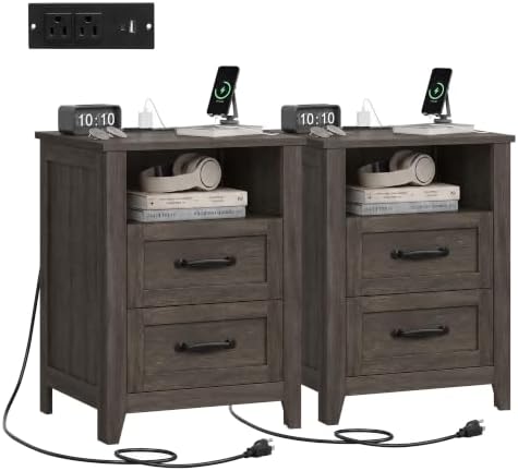 VASAGLE Set of 2 Nightstands with 2 Drawers and Charging Station