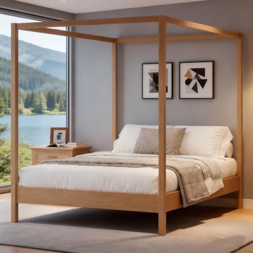 LUMISOL King Size Canopy Bed Frame, Solid Wood 4 Poster Canopy Platform Bed Frame with Slats and Support Legs, No Box Spring Needed, Easy Assembly, Natural