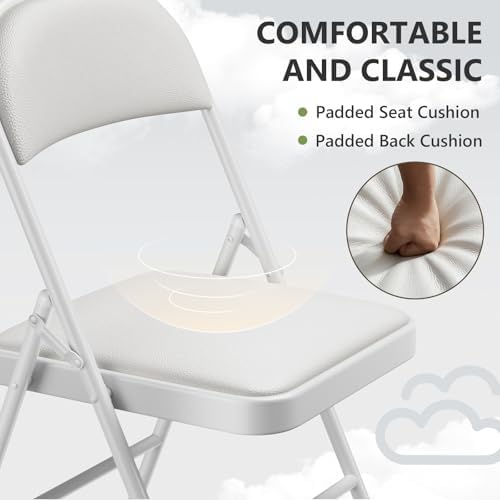 Folding Chairs 6 Pack, PU Leather Padded Folding Chairs for Outside and Indoor, Heavy Duty Portable Foldable Metal Commercial Seat for Home Office, Dorm, Party, Backyard, Lawn, Patio, White