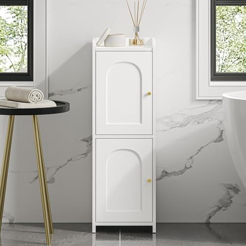 Hzuaneri Bathroom Storage Cabinet, Small Corner Floor Cabinet with 2 Doors | Narrow Toilet Paper Cabinets with Adjustable Shelf, Bathroom Organizer for Small Spaces, 7.9" D x 9.8" W x 29.5" H White