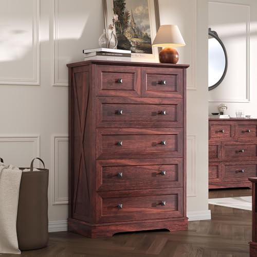 Farmhouse 6 Drawers Dresser Chests for Bedroom,Dark Cherry Red Wood Dresser